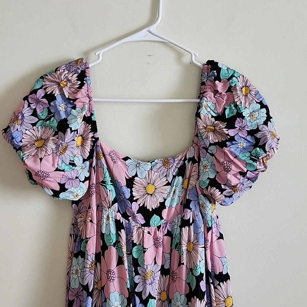 Storia Multicolor Floral Princess Midi Dress Empire Waist Smocked Back Medium